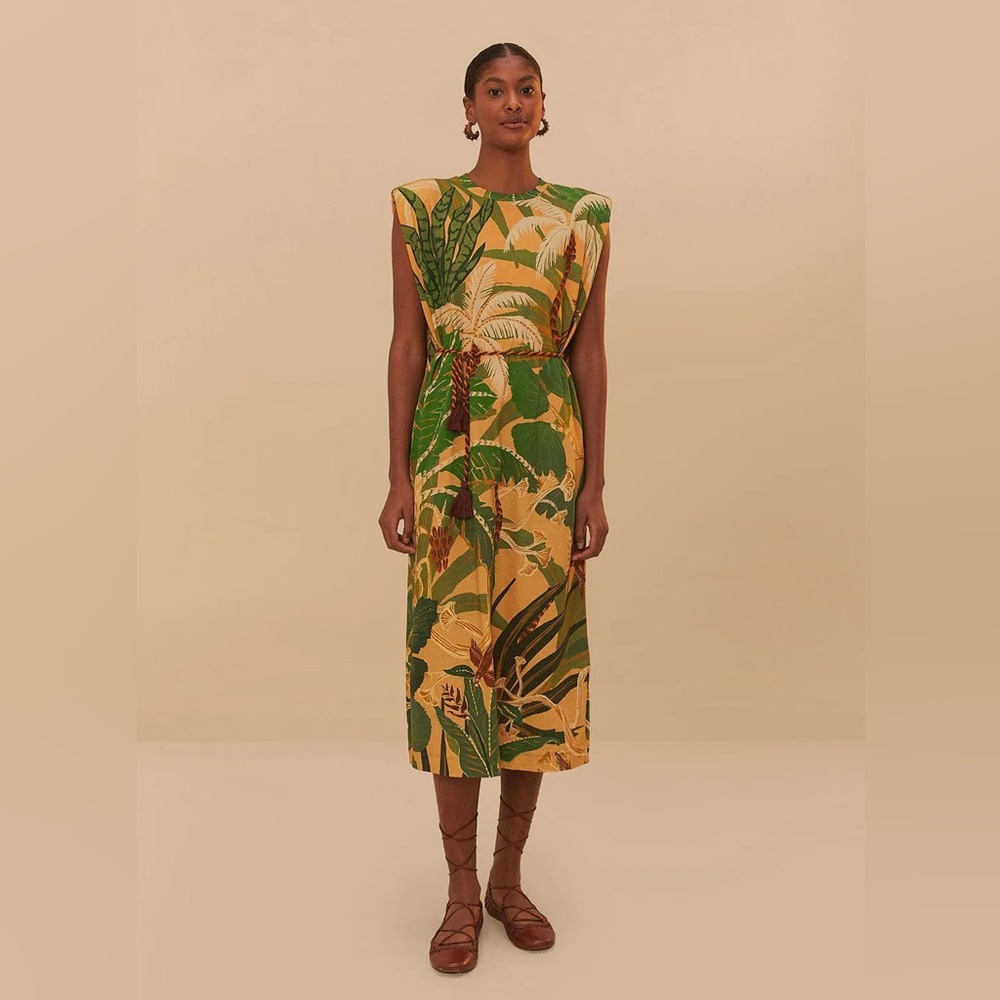 Farm Rio Beige Tropical Isla Padded Shoulders Midi Dress
